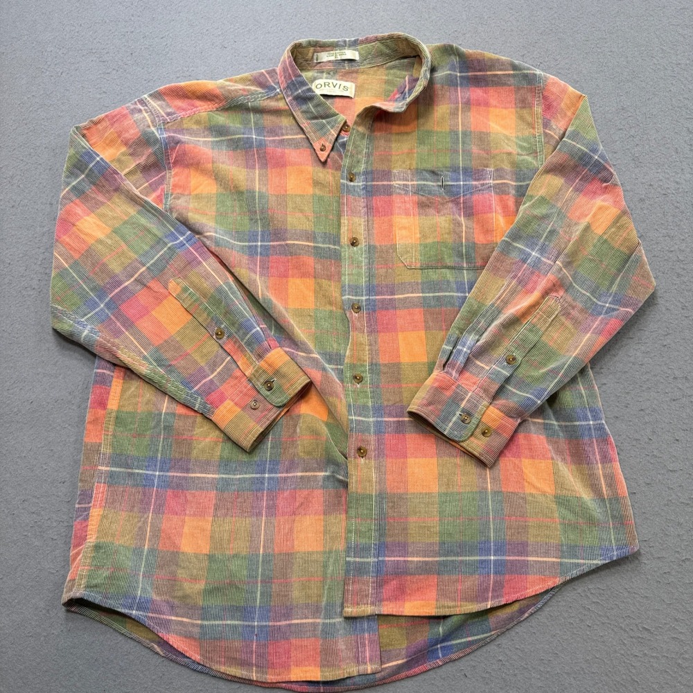 Orvis Corduroy Shirt Men's XL Multicolor Plaid Long Sleeve Button Down Hiking